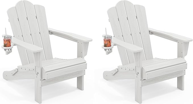 KINGYES Folding Adirondack Chair Set of 2, HDPE All-Weather Patio Chairs with Cup Holder, Wooden Textured Fire Pit Chairs for Poolside, Backyard, Deck, White