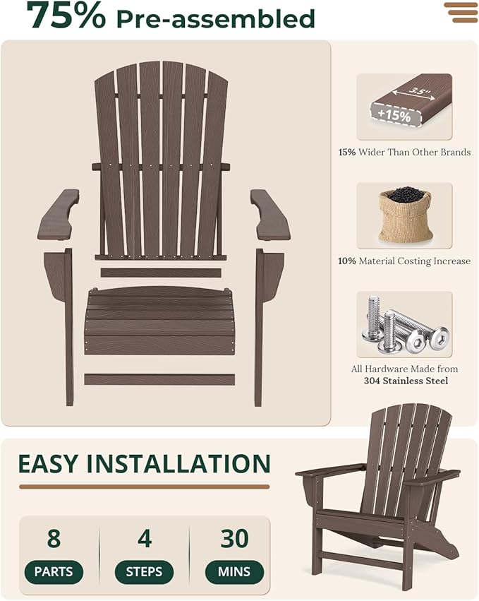 BRIOPAWS Adirondack-Chairs-Set of 4 | Brownwood Grain |Fire Pit Chair | Oversized | HDPE Plastic | Weather Resistant | for Deck Outdoor Poolside Campfire