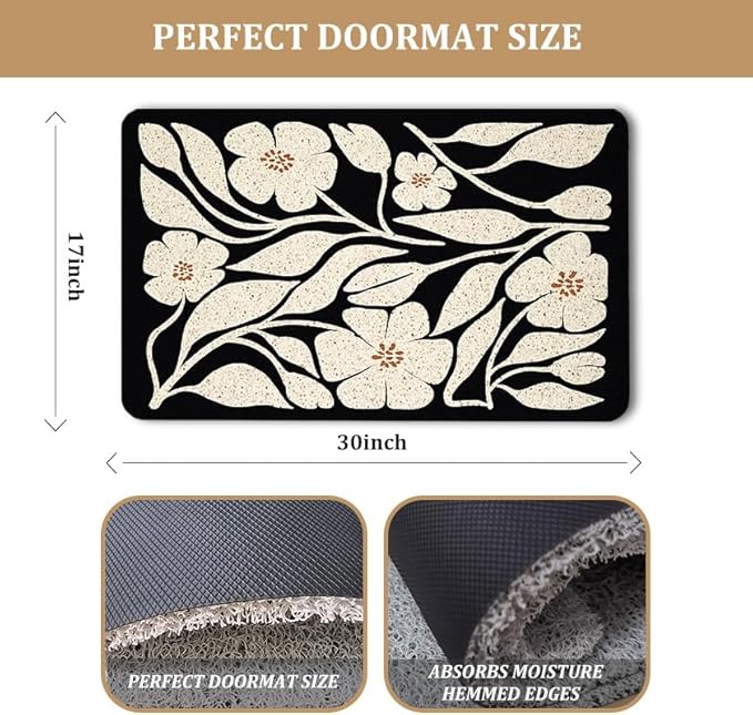 Boho Beige and Black Floral Door Mat - Bohemian Neutral Floral Front Door Welcome Mats Outdoor Entrance, 17x30 Rug