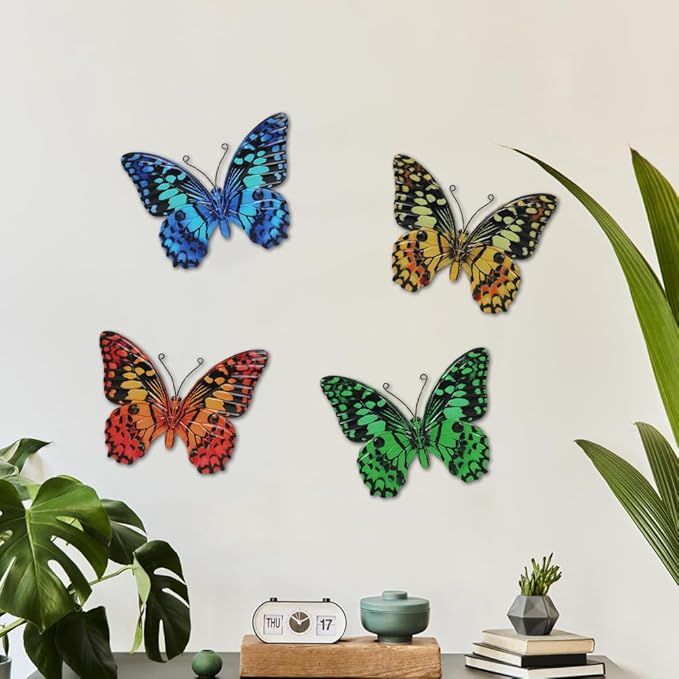 4 Pcs Butterfly Wall Decor Art, Butterflies Outdoor Metal Wall Art with Vivid Pattern, Hand Painted Outdoor Garden Yard Fence Patio Decor Gift for Women Mom