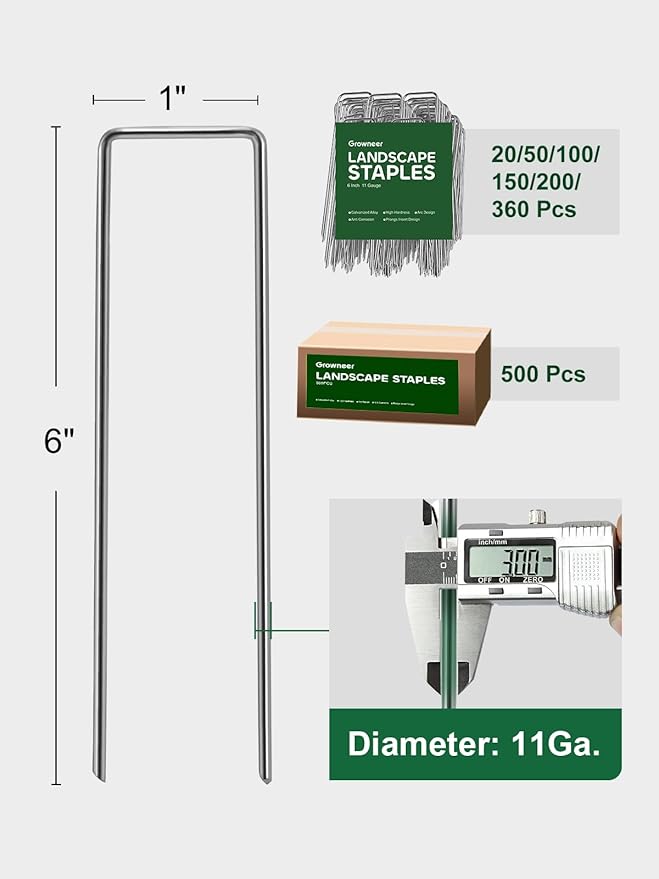 GROWNEER 200 Pack Landscape Staples 6 Inch 11 Gauge Heavy Duty Hot-Dip Galvanized Steel Garden Stakes U-Shaped Weed Barrier Spikes Metal Ground Pins for Lawn and Yard Landscaping