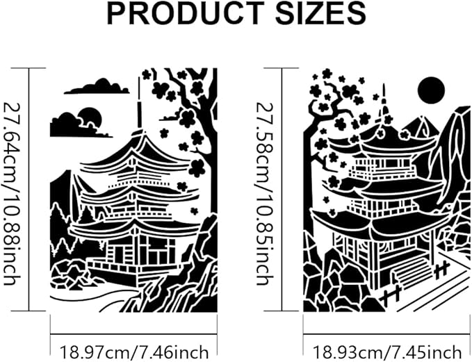 MAYJOYDIY 2pcs Japanese Zen Temple Stencil 11.7×8.3inch Large Japanese Style Temples Stencil with Paint Brush Sacred Pagoda Drawing Template for Wood Walls Canvas Furniture Crafts
