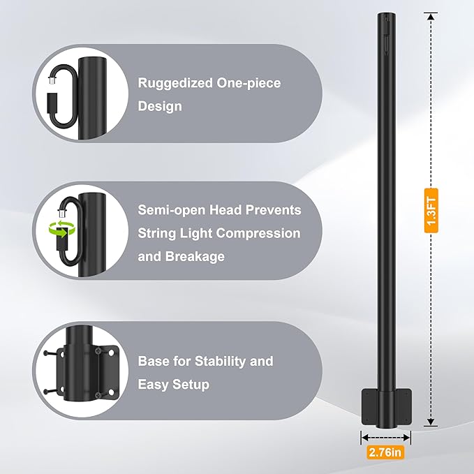 Suchtale Wall Mounted String Light Pole, Fence Extender with Clip and Bracket,Outdoor String Lights Hangers, Wall Mounting Stand for Deck Patio Garden Christmas Wedding Party,1.3 FT 8 Pack, Black