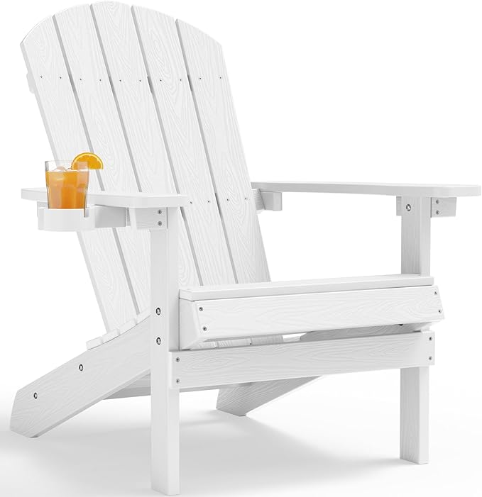 YEFU Adirondack Chair Weather Resistant: Outdoor Chair HIPS Plastic Adirondack Chairs - Patio Chairs with Wood Texture - Lawn Fire Pit Deck Porch Garden Chairs for Adults (White)