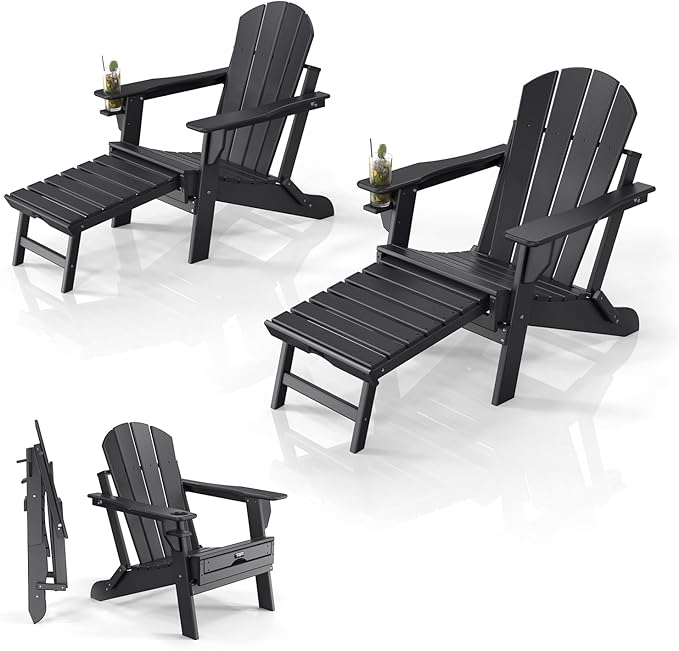 VINGLI Folding Adirondack Chair Set of 2 with Ottoman, Waterproof Plastic HDPE Firepit Chair for Outside with Hidden Footrests, Foldable Ergonomics Seating for Patio Porch Yard Garden(Black)