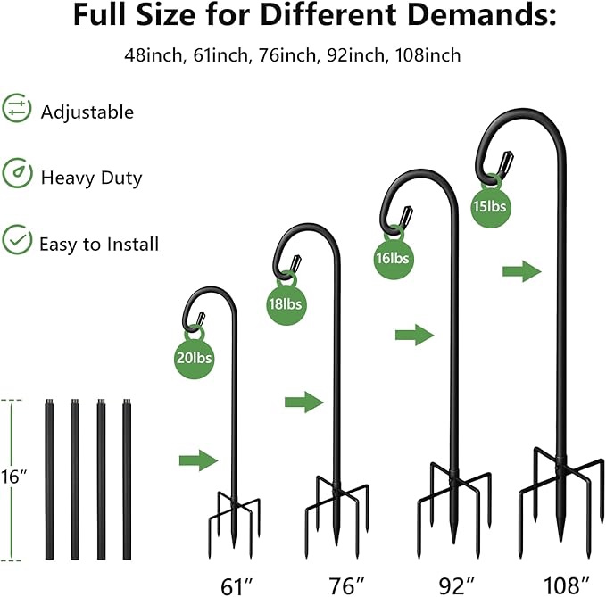 Shepherds Hooks for Outdoor Heavy Duty, 61 Inch Adjustable Bird Feeder Pole with 5 Prong Base, Hummingbird Feeder Stand and Plant Hanger for Garden, Lanterns & Wind Chimes