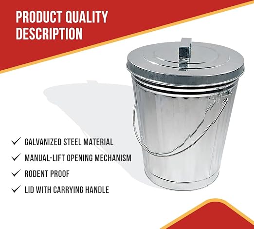 Mytee Products Galvanized Trash Can w/Lid Ideal for Trailers - 4 Gallon Steel Mounted Small Outdoor Garbage Can for Home, Office, Bathroom, Kitchen - Fire and Heat Resistant