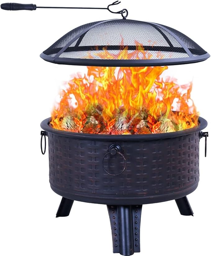 GRAND PATIO Fire Pits for Outside,Patio Outdoor Fire Pits, Round Deep Bonfire Wood Burning Fire Pit with Spark Screen Cover Safe Mesh Lid and Poker