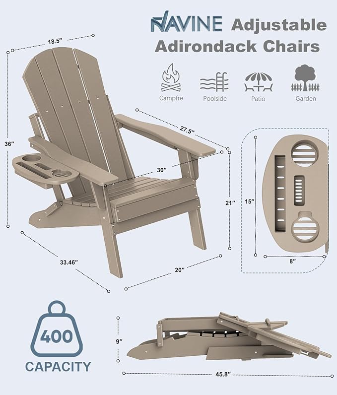 Adjustable Adirondack Chair Set of 2 with Cup Holder, All Weather HDPE Fire Pit Chairs for Deck, Backyard, Patio, Brown