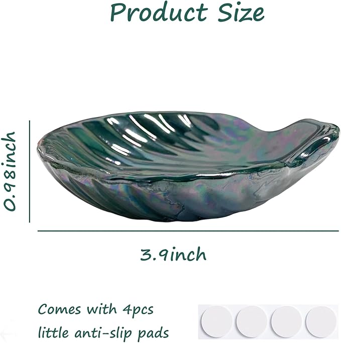 Seashell Trinket Tray, Ceramic Ring Holder Dish for Earrings Necklace, Shell Jewelry Dish Tray, Ocean Room Decor, Birthday Mother's Day Christmas Gift for Women, 3.9", Deep Teal Iridescent Surface