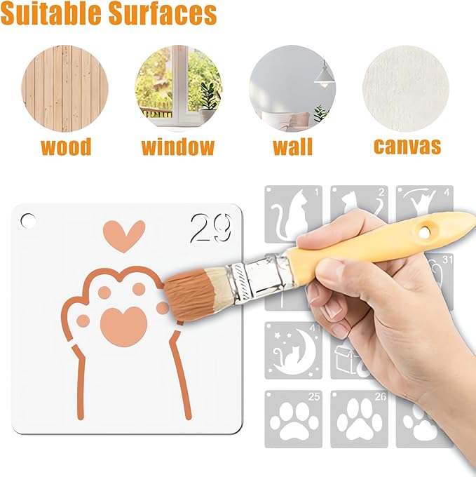 Cute Cat Stencils for Painting, 64PCS 3 Inch Cat Theme Patterns - Reusable Animal Stencils for Crafts on Canvas, Wood, Glass & More