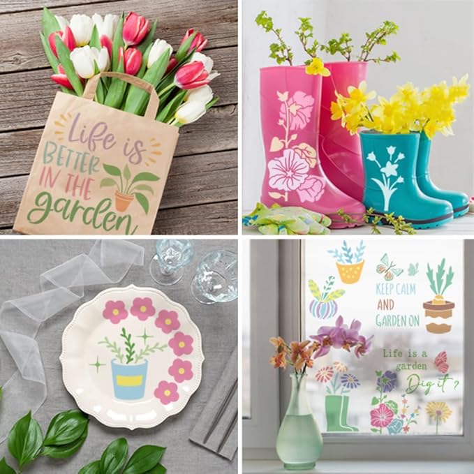 16-Pack Garden Word Stencils, Reusable Gardening Quote Templates for Wood Signs, Wall Art, DIY Crafts & Baking Decor - 7.87x7.87 Inch PET Stencils Set