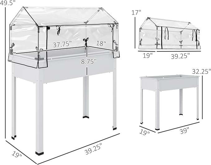 Outsunny Raised Garden Bed with Flip-Up Greenhouse Cover, Elevated Planter Box with Legs and Drainage Hole for Vegetables Flowers Herbs, 39.4" x 18.9" x 48.8", White