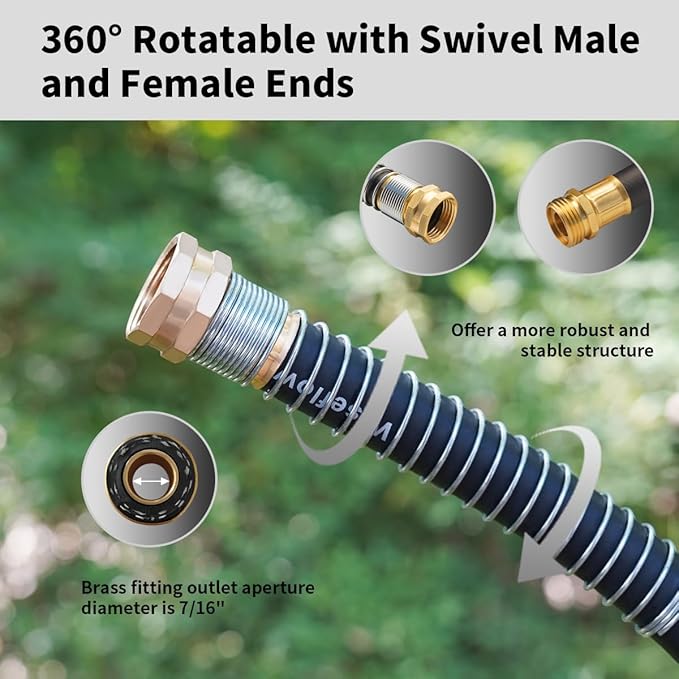 WiseFlow Garden Hose 50FT x 5/8", Heavy Duty Rubber Hose, Water Hose with Five Layered Braiding, Male Female Fittings, 1000PSI Burst, 300PSI Working (Black)