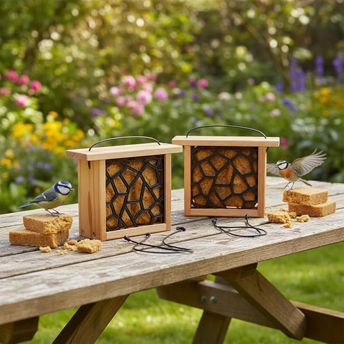 2pk Suet Bird Feeders with 2 Suet Cakes for Outside Clearance - Suet Cake Feeder for Outdoor - Hanging Birdfeeder for Suets - Hanging Cable Wire Weather Ability Cedar Wood Longterm Lasting
