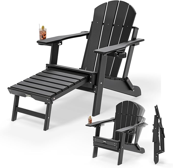 VINGLI Back-Adjustable Plastic Folding Adirondack Chairs with Retractable Footrest & 2-in-1 Cup Holders, Waterproof HDPE Outdoor Fire Pit Chairs for Patio, Pool, Capacity 400 LBS, Black