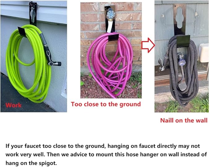 2 Pack Garden Hose Hanger Wall Mount Heavy Duty Hose Holder Hook Use for 150foot Hose (Large, Black)