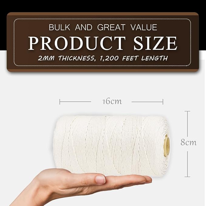 SMART&CASUAL 1,200 Feet 2mm Cotton Butcher Twine String Soft Food Safe for Cooking Craft Baker Kitchen Meat Turkey Sausage Roasting Gift Wrapping Gardening Crocheting Knitting