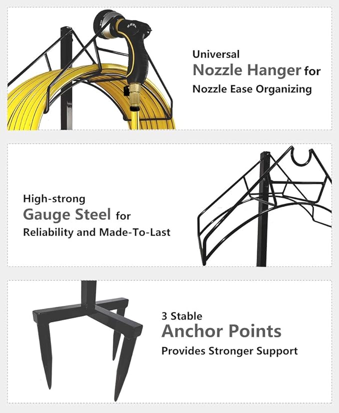 Freestanding Garden Hose Holder Hanger, Heavy Duty Metal Water Hose Reel Storage Stand Rack for Yard Lawn, Bright Black (Hose not Included)