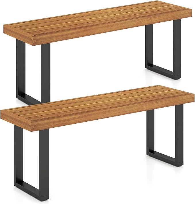 Tangkula Acacia Wood Outdoor Bench, 48" Long Patio Dining Bench w/Metal Legs, Slatted Seat, Backless Picnic Bench, Farmhouse Furniture for Garden Poolside Porch Balcony Deck Indoor (2,Natural)