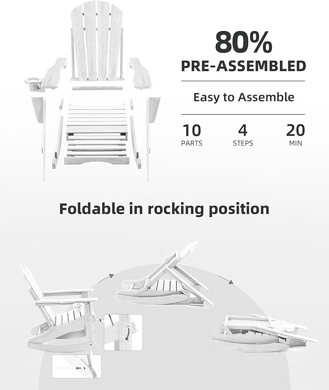 Folding Adirondack Rocking Chair,4-in-1 Multifunctional Patio Chair with Retractable Ottoman, Outdoor Chair Wood Texture, Lawn Chair for Porch, Backyard, Pool(White)