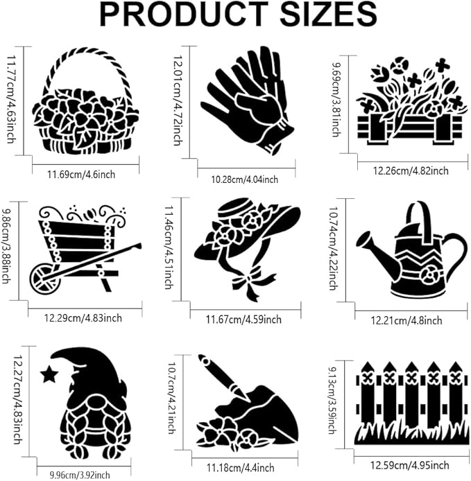 MAYJOYDIY 9pcs Garden Stencils 6×6inch Garden Painting Stencil with Paint Brush Flower Basket Plant Hat Watering Pot Dwarf Shovel Template for Wood Wall Fabric Paper Wall Furniture
