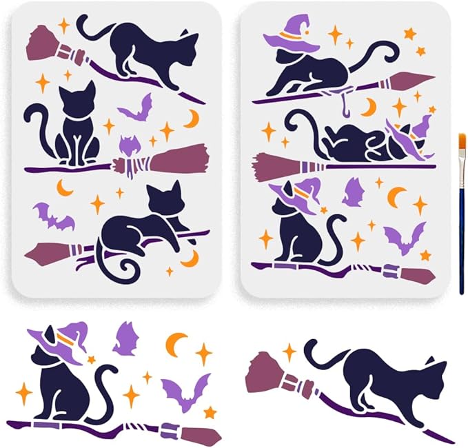 MAYJOYDIY Magic Cat Broom Stencils, 11.7 x 8.3 inch, 6 Styles with Paint Brush, DIY Craft Template for Furniture and Canvas