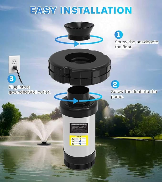 15000 GPH Pond Fountain Aerator, 110V,Floating Pond Fountain Pump with Stainless Steel Body, Pond Aerator Pump for Small & Large Ponds and Lakes (Black)