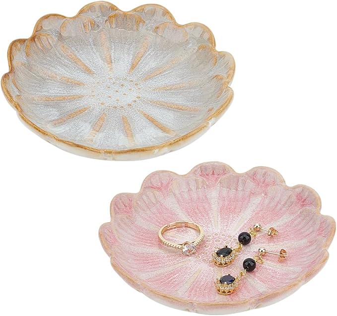 NBEADS 2 Pcs Ceramic Jewelry Tray, Lotus Flower Ring Dish Holder Porcelain Trinket Tray Decorative Trinket Plate for Ring Necklace Bracelet Jewelry Watch Key Gift, Whitesmoke/Pink