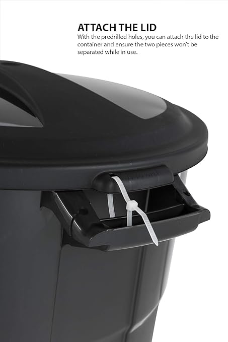 United Solutions 32 Gallon Outdoor Waste Garbage Bin, Easy to Carry Pass-Through Handles & Attachable Click Lock Lid, Black
