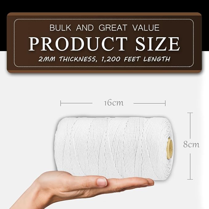 SMART&CASUAL 1,200 Feet 2mm Cotton Butcher Twine String Soft Food Safe for Cooking Craft Baker Kitchen Meat Turkey Sausage Roasting Gift Wrapping Gardening Crocheting Knitting