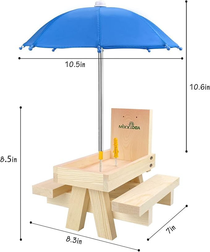 MIXXIDEA Squirrel Feeder Table with Umbrella, Wooden Squirrel Picnic Table Feeder, Sturdy Squirrel Feeder Corn Cob Holder, with Solid Structure and 2 x Thick Benches(Blue)