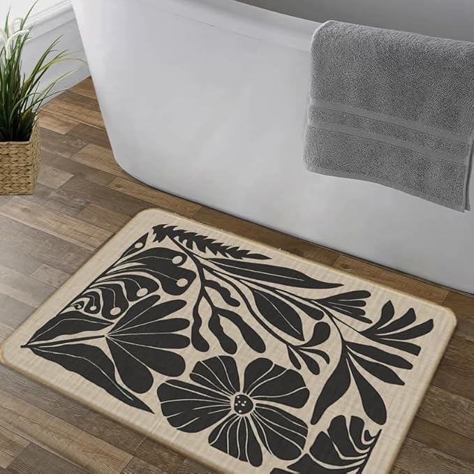 Boho Beige and Black Floral Door Mat - Bohemian Neutral Floral Front Door Welcome Mats Outdoor Entrance, 17x30 Rug