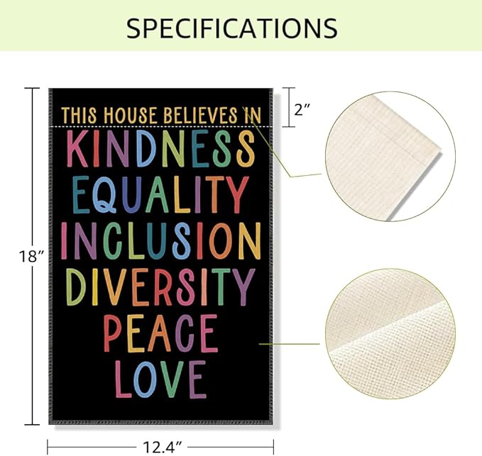 RZHV The House Believes in Kindness Equality Inclusion Diversity Peace Love Double-Sided Garden Flag for Outdoor House Yard Sign Garden Decor Parade, Social Justice Yard Sign, Peace Lover Gift
