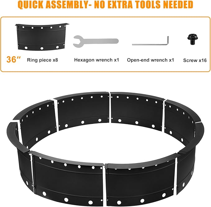 36 Inch Fire Pit Ring, Large Outdoor Campfire Pit for Patio Backyard Garden, Smokeless Steel Firepit with Air Vent for Efficient Burning & Anti-Rust Coating, Black Steel