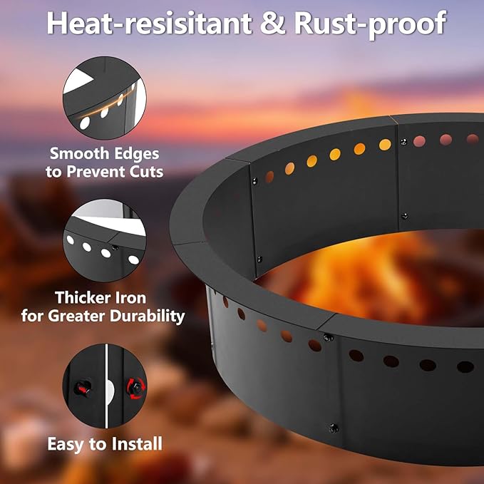 36 Inch Smokeless Fire Pit Ring Insert Outdoor, Heavy Duty Solid Metal Steel Round Firepit Rim Liner for Outside, 40 Inch Outer Diameter DIY Campfire Ring, Above or In-Ground, for Camping Garden Patio