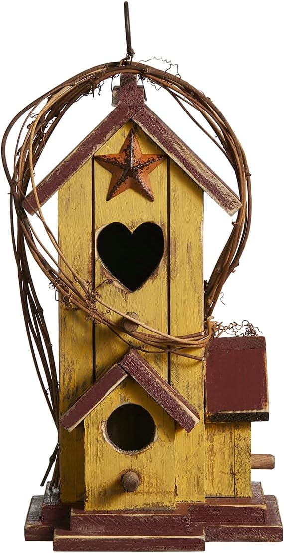 Glitzhome Birdhouses for Outdoors,Hummingbird Houses for Outside, 11.5"H Yellow Hand Painted Distressed Solid Wood Bird Nesting Box Decorative Birdhouse with Rattan Hanging Bird House for Patio Garden