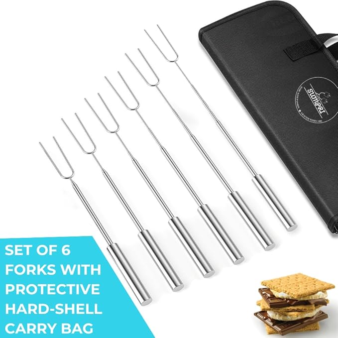 Smores Sticks For Fire Pit [All-Stainless Steel Set Of 12] -Marshmallow Roasting Sticks For Campfire, Telescoping S'mores Forks -Long Hot Dog Sticks [Dishwasher-Safe] - SUMPRI Campfire Skewers