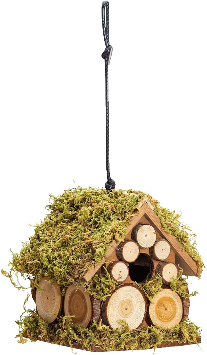 Spring Wren Bird House for Outside - Hard Wood Bird HouseNest Box for Outdoor - Moss Bird House with Cedar Rings- Gifts for Nature Lovers - Pole Mountable Bird House - 1.125" Entrance