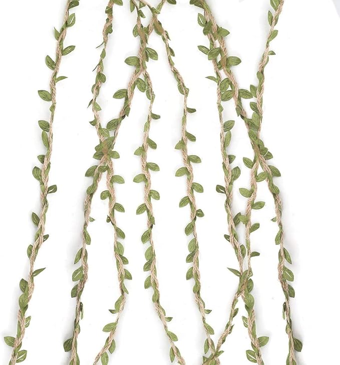 Tenn Well Burlap Leaf Ribbon, 132Feet 5mm Jute Twine Vine with Artificial Leaves for Crafts, Wedding, Jungle Party Decor (2PCS x 66Feet)