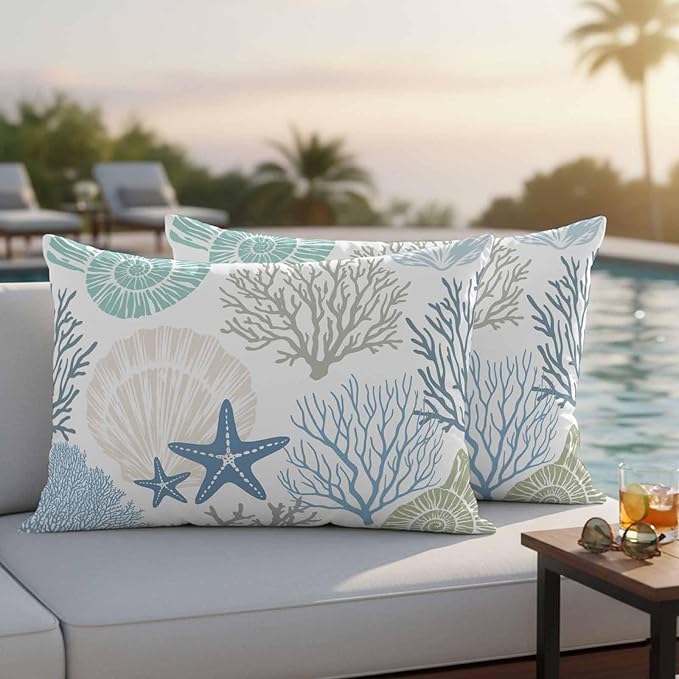 Blue Ocean Shells Coral Waterproof Pillow Covers Set of 2,Conch Starfish Marine Life Outdoor Pillow Protectors with Zipper Pillowcases for Patio Tent Garden Beach 20x12 Inches