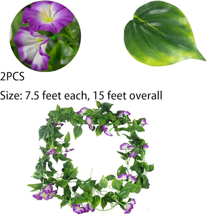FERIAL Artificial Vines 15Feet Silk Flower Garland for Outdoors Purple Morning Glory Vine Artificial Flowers Hanging Plants Garland Fake Green Plant 2Pcs for Wall Fence Indoor Wedding Banquet Decor