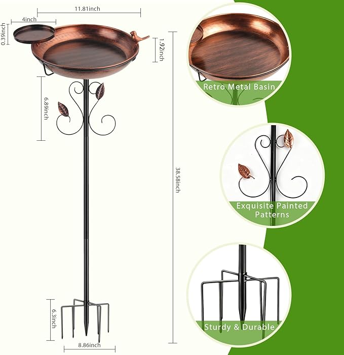 35" Tall Metal Bird Bath for Outdoors with Small Bird Feeder Bowl, 2" Deep 12" Dia Removable Bird Baths for Easy to Clean and Refill, Upgraded 7-Prong Base for Garden, Yard & Lawn (Copper)