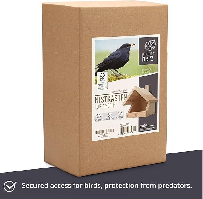 Solid Wood Blackbird Nesting Box - Weatherproof & Untreated, Wooden Bird Houses for Semi-Cavity Breeders - Blackbirds, Robins & More - 25 x 28.5 x 27 cm