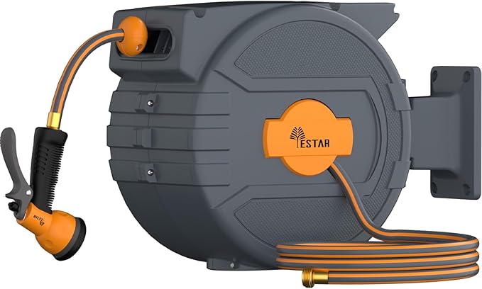 Retractable Garden Hose Reel 1/2 in x82 ft, Garden Water Hose Reel with 7- Function Sprayer Nozzle, Any Length Lock/Automatic Slow Return System,180° Swivel Bracket
