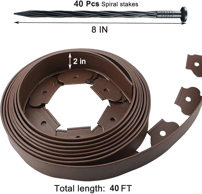 40 Ft Landscape Edging Kit, Brown Garden Edging Border with 40 Edging Garden Stakes, Plastic Landscaping Edging Roll for Flower Bed Lawn Driveway Yard