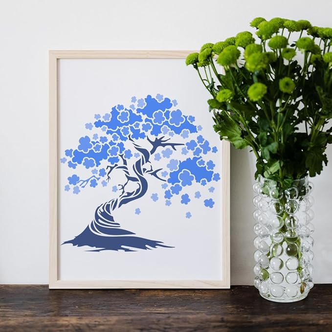 MAYJOYDIY 2pcs Cherry Blossoms Stencils 11.8×11.8inch Large Blooming Stencil with Paint Brush Square Japanese Style Drawing Template for Wood Walls Canvas Furniture Crafts Art Projects