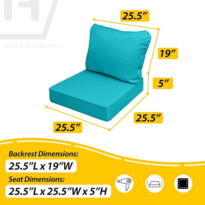 AAAAAcessories Outdoor Seat Cushions for Chairs, Fade-Resistant, Waterproof Patio Furniture Replacement Cushions, 25.5" x 25.5" x 5" + 25.5" x 19", Turquoise Blue
