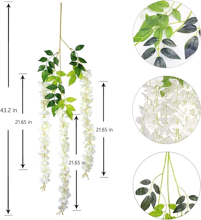 48Pcs Artificial Wisteria Flowers 3.6 Feet/Piece White Dense Artificial Fake Wisteria Vine Ratta Hanging Garland Silk Flowers String Home Party Wedding Decor(White-Dense)