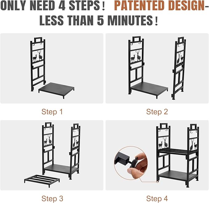 INNO STAGE Firewood Rack Fireplce Firepit Tools Set Double Layer Iron Wood Log Holder for Fire Place Outdoor Indoor Accessories-Brush, Shovel, Tong, Hook